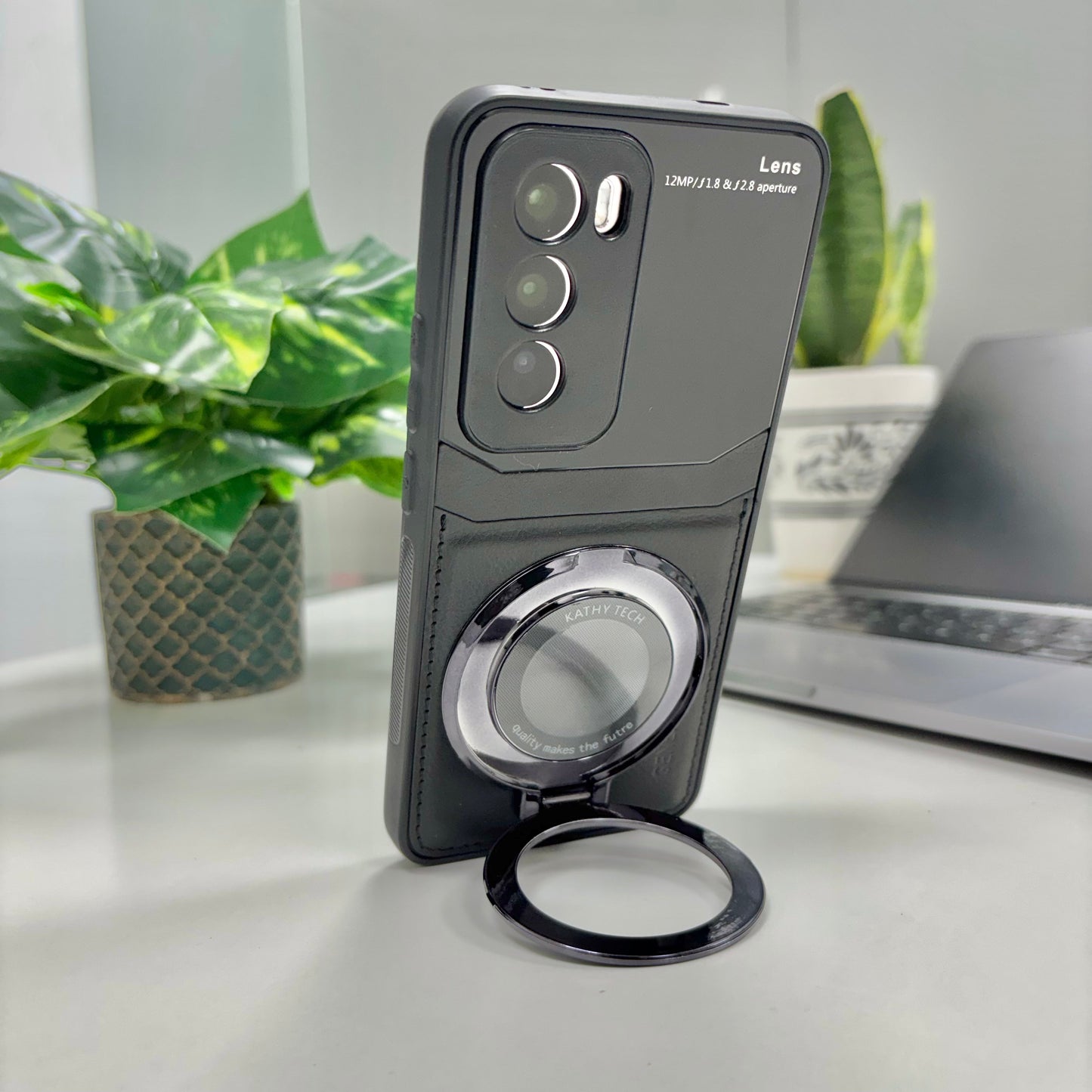 Oppo Reno12 Pro 5G Original Luxury Leather Lens Magnifier Ring Stand Case