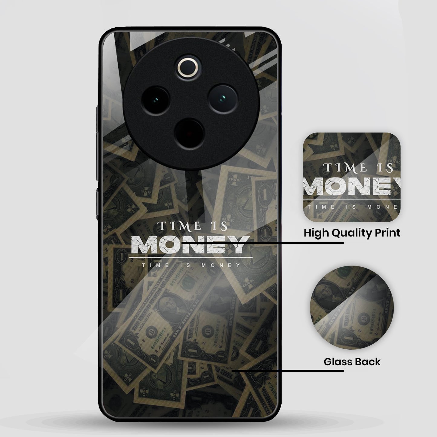 Vivo T4 5G Premium Acrylic Shockproof Glass Back Case (Time is Money)