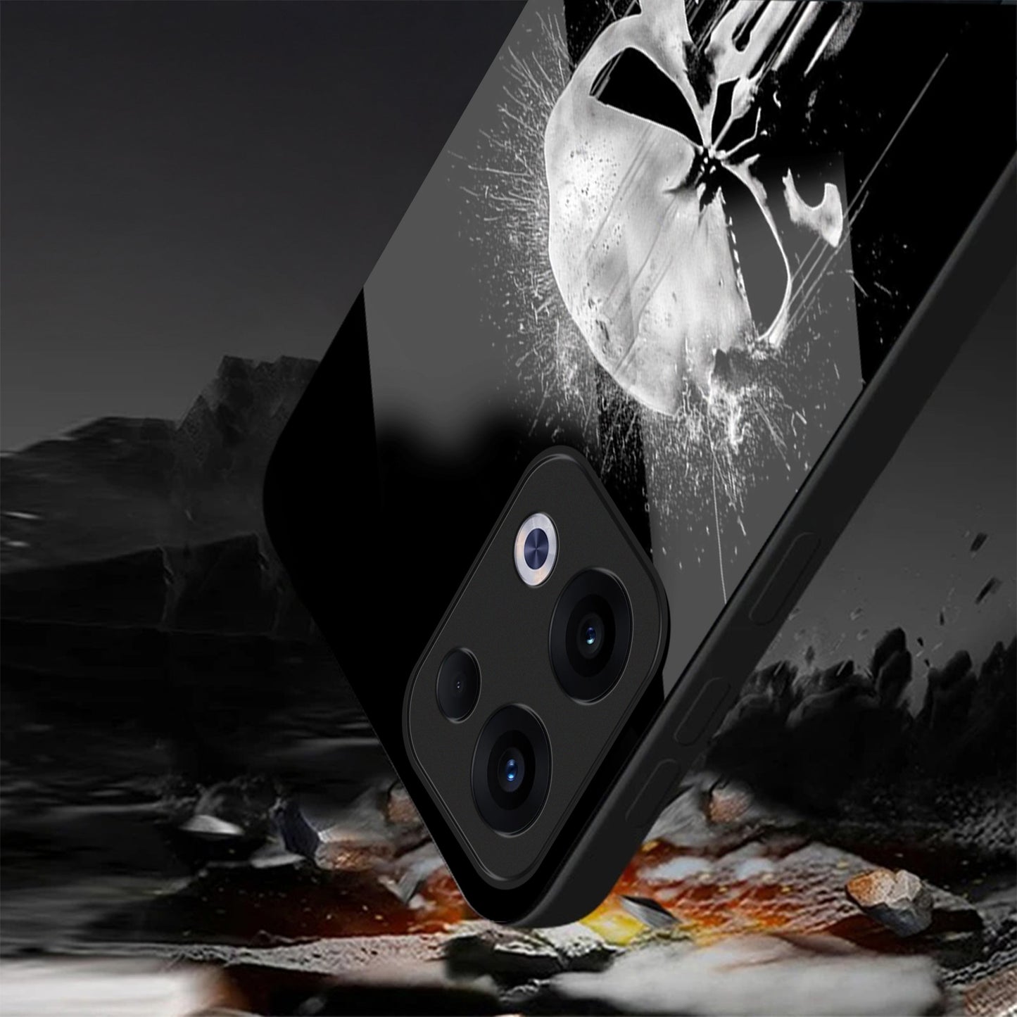 Oppo Reno 13 5G Premium Acrylic Shockproof Glass Back Case (Punisher Skull)