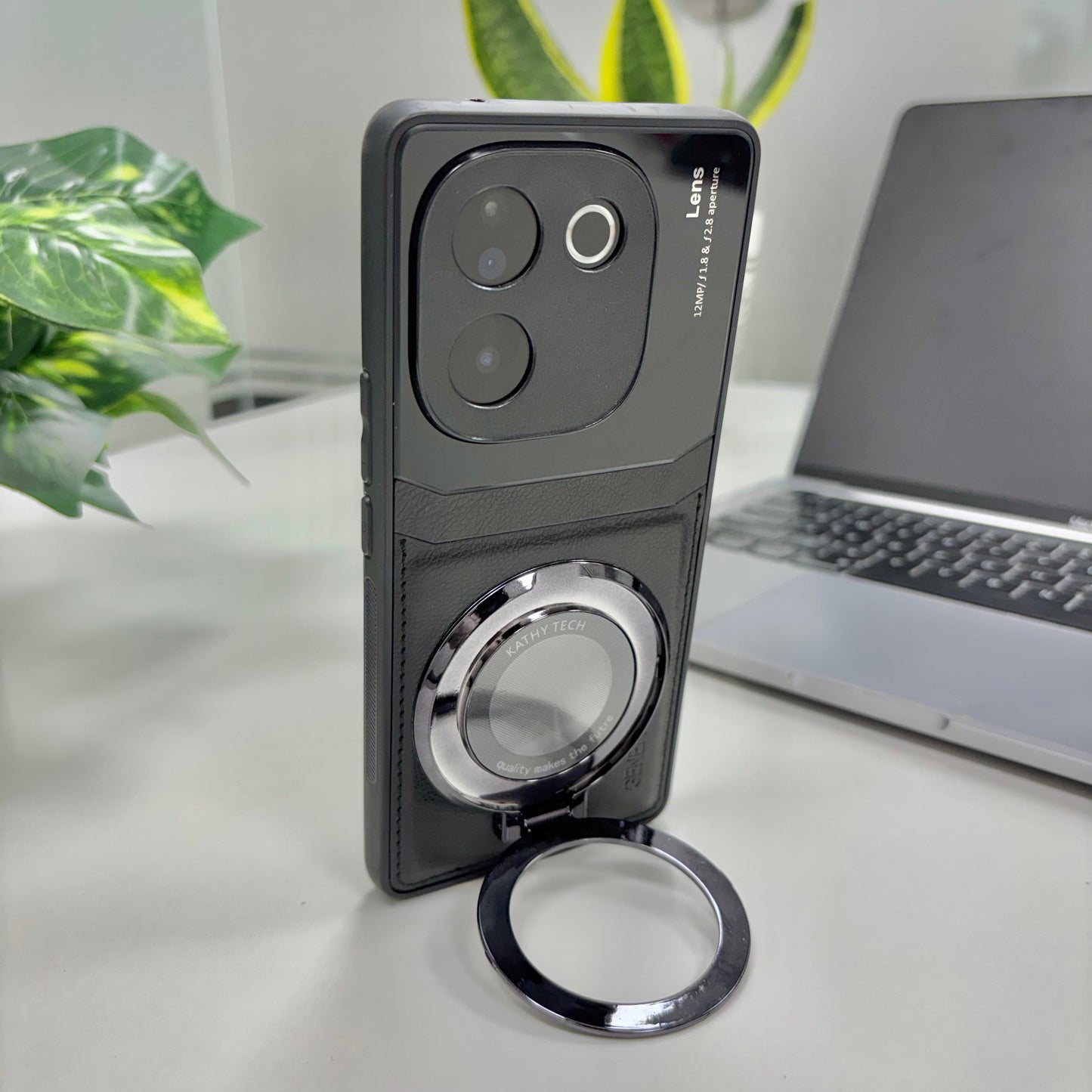 Vivo T3 Pro 5G Original Luxury Leather Lens Magnifier Ring Stand Case