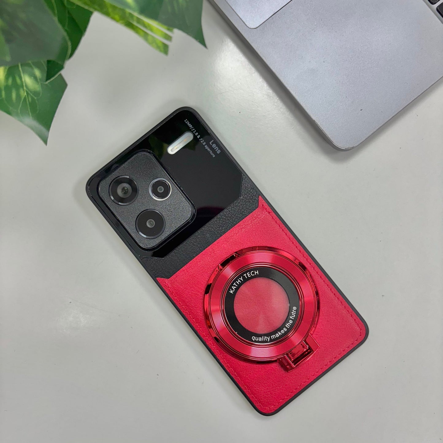 Redmi Note 13 Pro+ 5G Original Luxury Leather Lens Magnifier Ring Stand Case