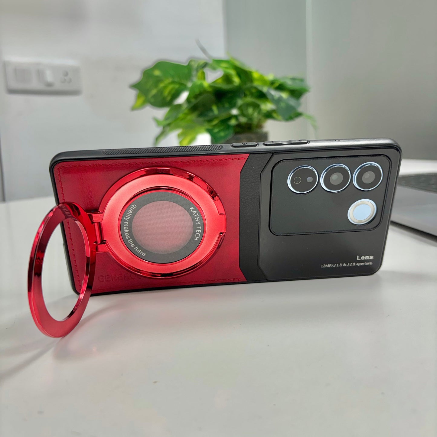 Vivo V27 5G Original Luxury Leather Lens Magnifier Ring Stand Case