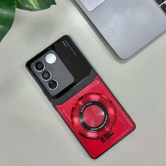 Vivo V27 5G Original Luxury Leather Lens Magnifier Ring Stand Case