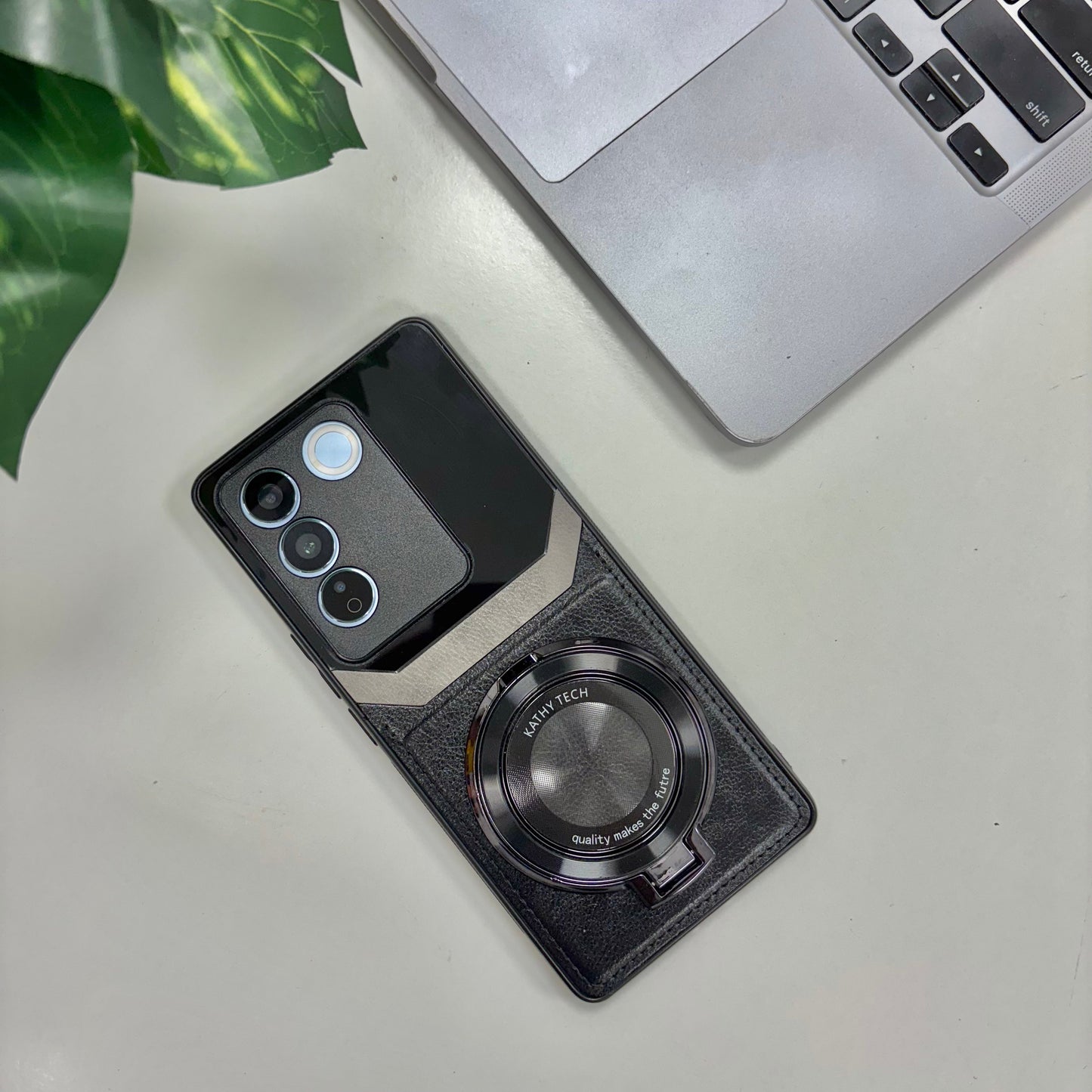 Vivo V27 5G Original Luxury Leather Lens Magnifier Ring Stand Case