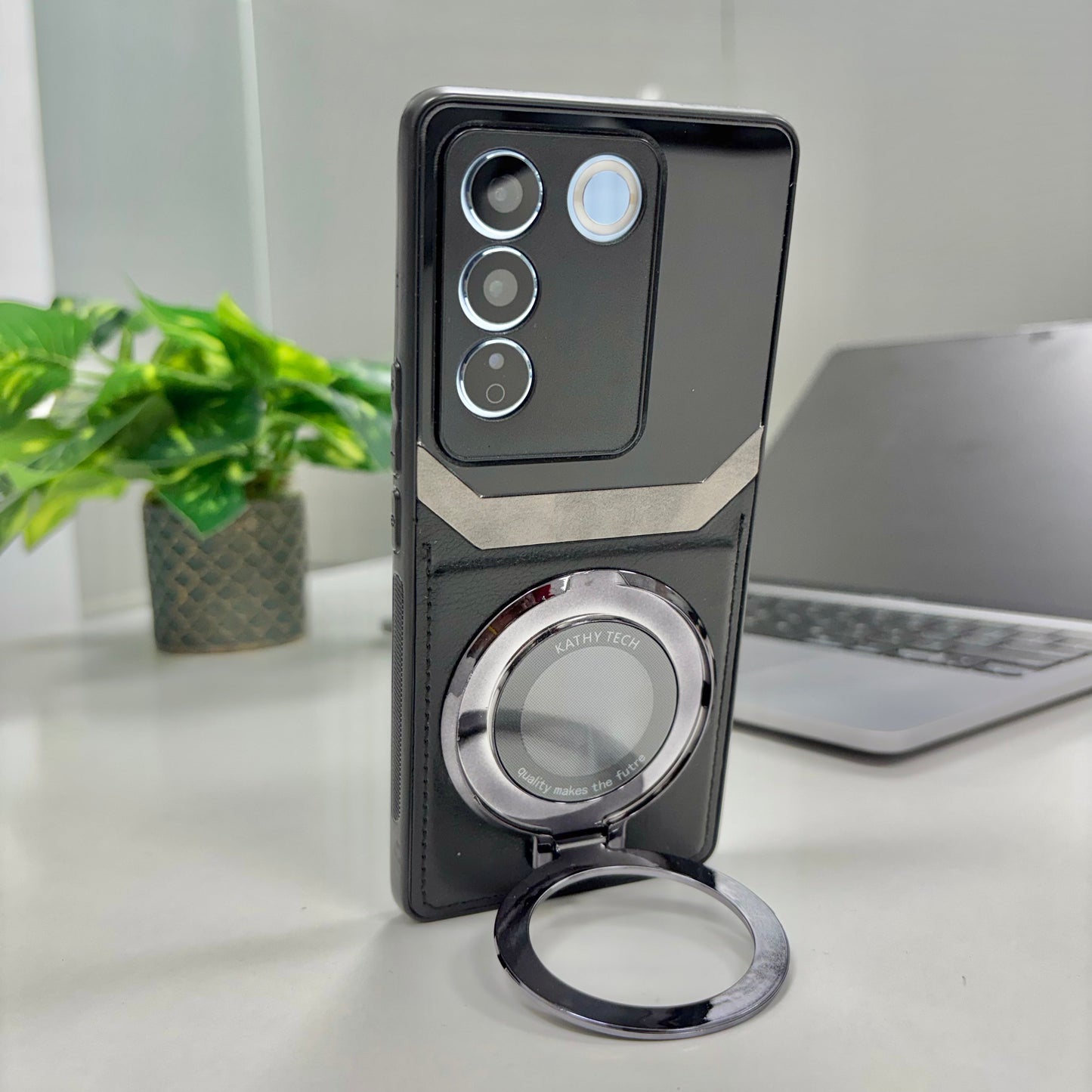 Vivo V27 5G Original Luxury Leather Lens Magnifier Ring Stand Case