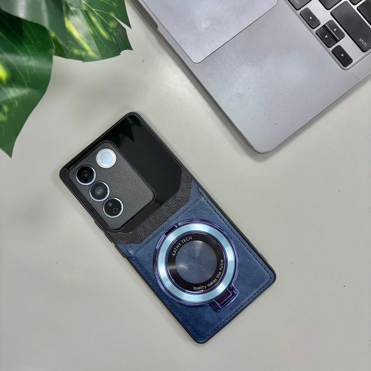 Vivo V27 5G Original Luxury Leather Lens Magnifier Ring Stand Case