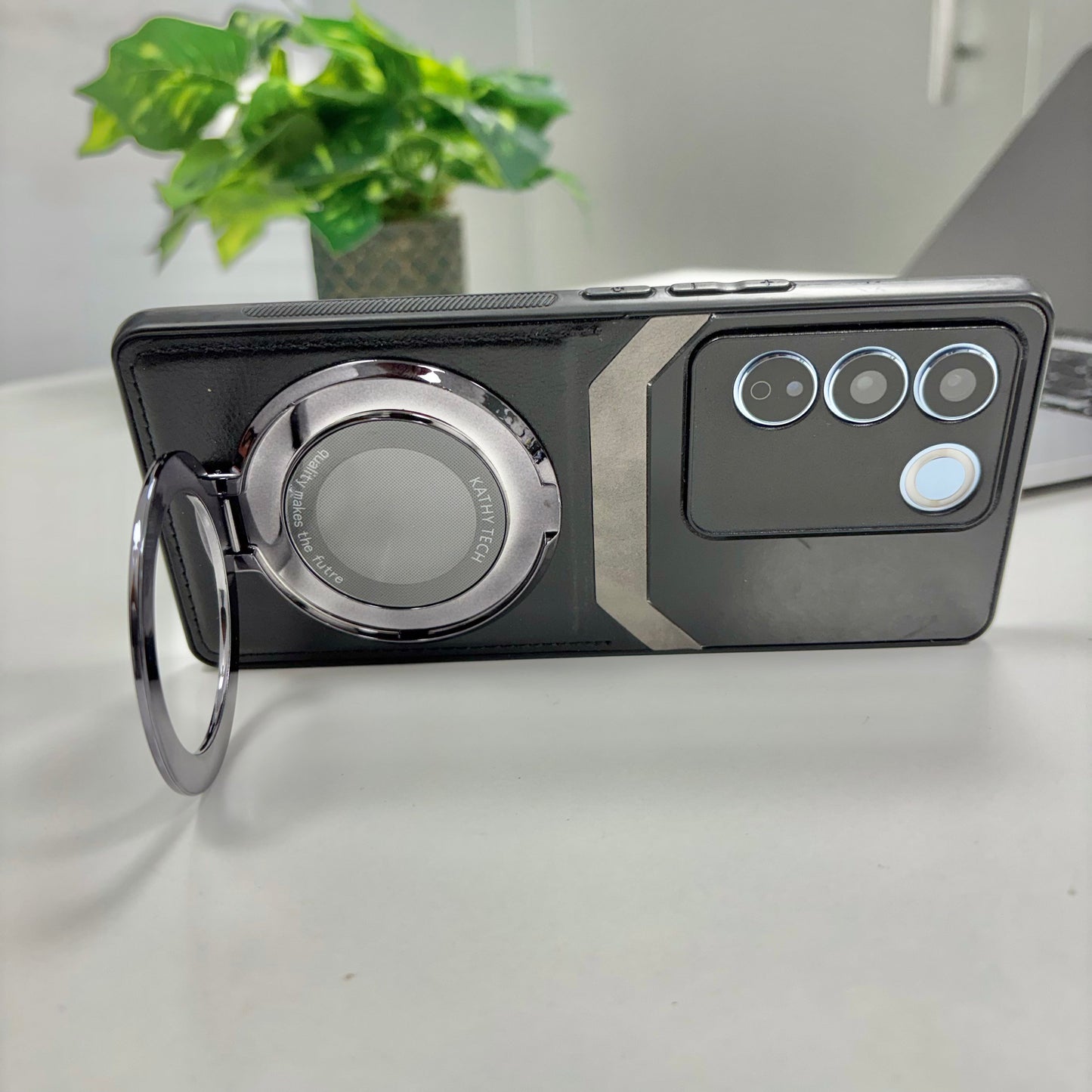 Vivo V27 5G Original Luxury Leather Lens Magnifier Ring Stand Case