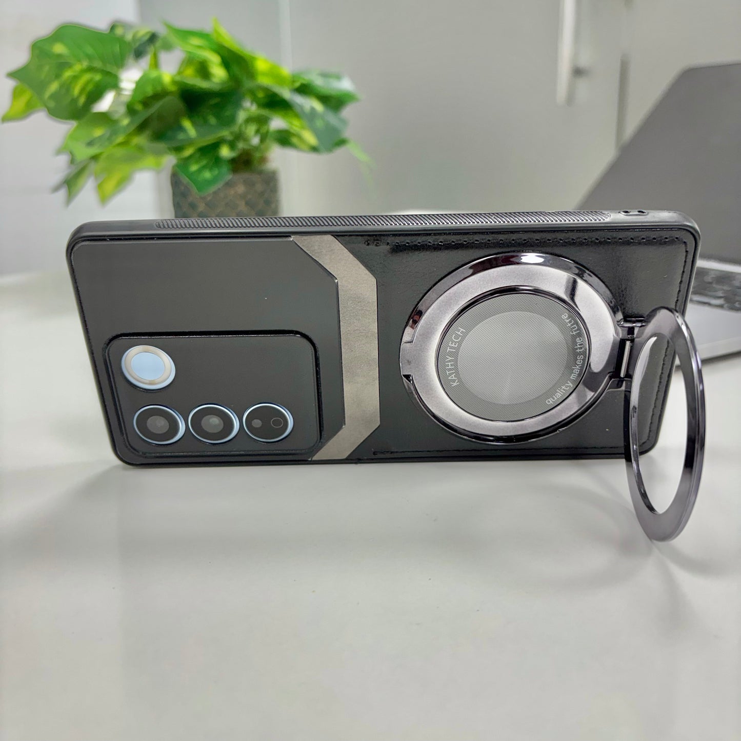 Vivo V27 5G Original Luxury Leather Lens Magnifier Ring Stand Case